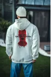 Üç İplik Kapüşonlu Baskılı Oversize Sweatshirt- Beyaz