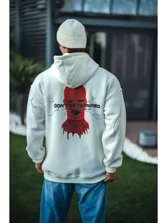Üç İplik Kapüşonlu Baskılı Oversize Sweatshirt- Beyaz