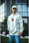 Üç İplik Kapüşonlu Baskılı Oversize Sweatshirt- Beyaz
