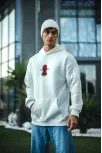Üç İplik Kapüşonlu Baskılı Oversize Sweatshirt- Beyaz