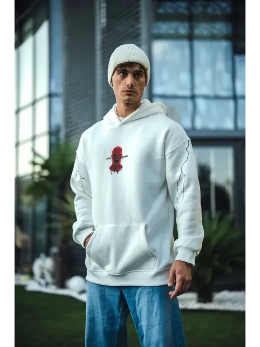 Üç İplik Kapüşonlu Baskılı Oversize Sweatshirt- Beyaz