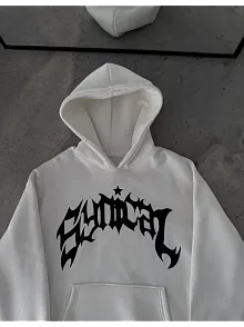 Üç İplik Kapüşonlu Baskılı Oversize Sweatshirt- Beyaz