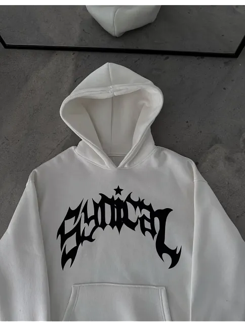 Kışlık Kapüşonlu Baskılı Oversize Sweatshirt- Beyaz