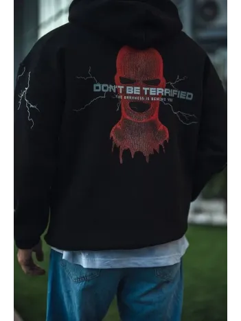 Üç İplik Kapüşonlu Baskılı Oversize Sweatshirt- Siyah