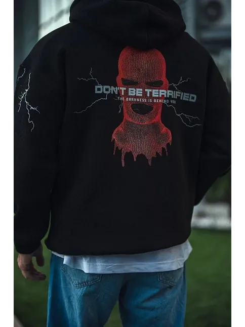 Üç İplik Kapüşonlu Baskılı Oversize Sweatshirt- Siyah