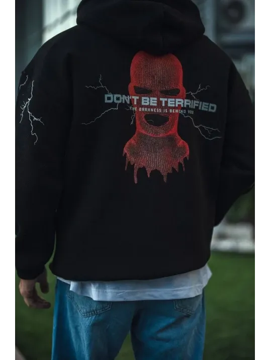 Üç İplik Kapüşonlu Baskılı Oversize Sweatshirt- Siyah