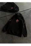 Üç İplik Kapüşonlu Baskılı Oversize Sweatshirt- Siyah