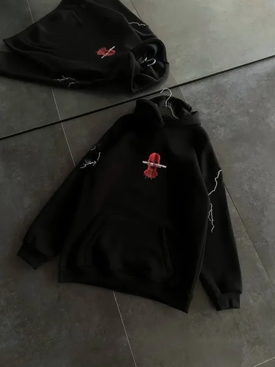 Üç İplik Kapüşonlu Baskılı Oversize Sweatshirt- Siyah