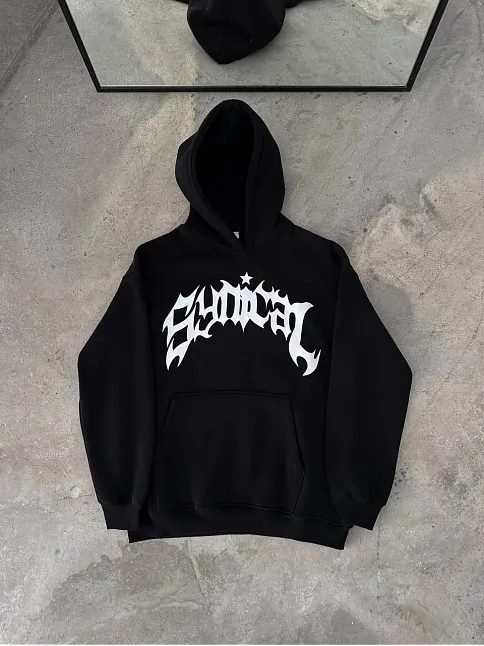 Kışlık Kapüşonlu Baskılı Oversize Sweatshirt- Siyah