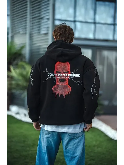 Üç İplik Kapüşonlu Baskılı Oversize Sweatshirt- Siyah
