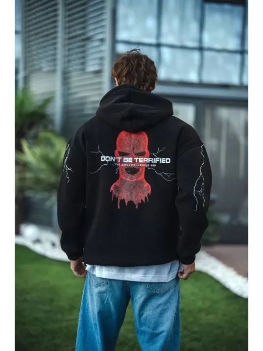 Üç İplik Kapüşonlu Baskılı Oversize Sweatshirt- Siyah