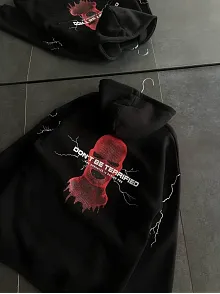 Üç İplik Kapüşonlu Baskılı Oversize Sweatshirt- Siyah