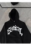 Kışlık Kapüşonlu Baskılı Oversize Sweatshirt- Siyah