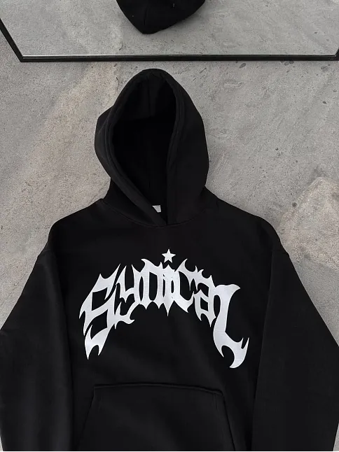 Kışlık Kapüşonlu Baskılı Oversize Sweatshirt- Siyah