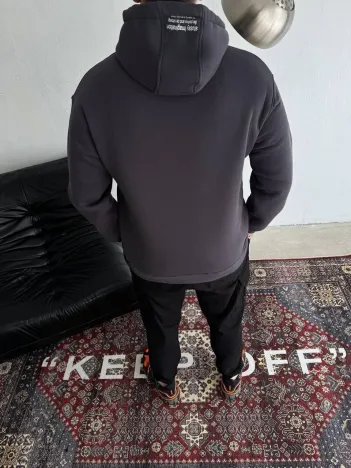 Üç İplik Kapşonlu Baskılı SweatShirt - Füme Üç İplik Kapşonlu Baskılı SweatShirt - Füme