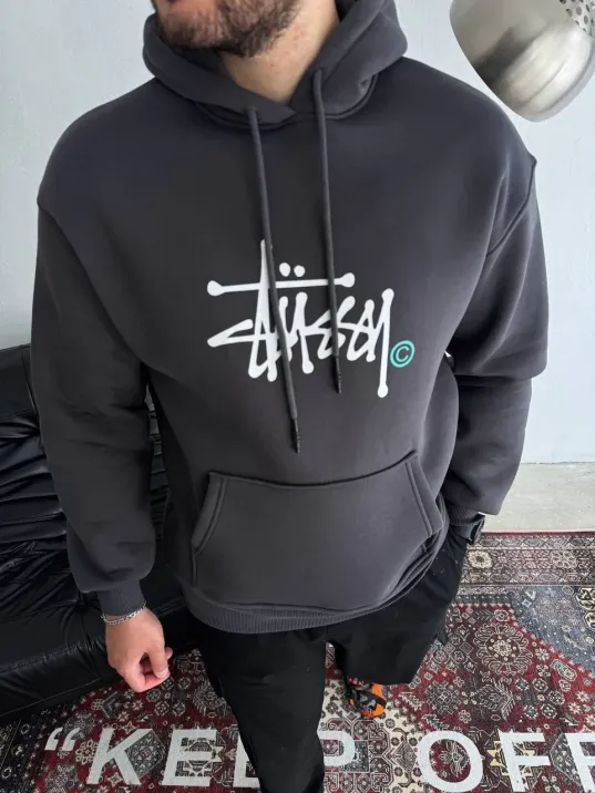 Üç İplik Kapşonlu Baskılı SweatShirt - Füme Üç İplik Kapşonlu Baskılı SweatShirt - Füme