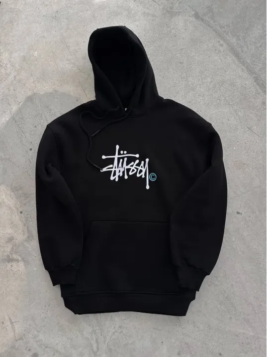 Üç İplik Kapşonlu Baskılı SweatShirt - Siyah Üç İplik Kapşonlu Baskılı SweatShirt - Siyah