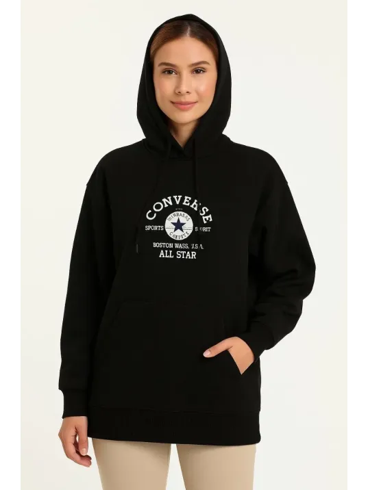 Kadın Kapşonlu Sweatshirt – Üç İplik Şardonlu Kumaş, Oversize Fit, Ön & Arka Baskılı, Kanguru Cepli, Kışlık Rahat Hoodie- Siyah Kadın Kapşonlu Sweatshirt – Üç İplik Şardonlu Kumaş, Oversize Fit, Ön & Arka Baskılı, Kanguru Cepli, Kışlık Rahat Hoodie- Siyah