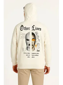 Erkek Kapşonlu Sweatshirt – Oversize Üç İplik Şardonlu Hoodie, “other Lives” Ön & Arka Baskılı, Kanguru Cepli, Kışlık Rahat Günlük Stil - Beyaz