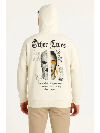 Erkek Kapşonlu Sweatshirt – Oversize Üç İplik Şardonlu Hoodie, “Other Lives” Ön & Arka Baskılı, Kanguru Cepli, Kışlık Rahat Günlük Stil - Beyaz Erkek Kapşonlu Sweatshirt – Oversize Üç İplik Şardonlu Hoodie, “Other Lives” Ön & Arka Baskılı, Kanguru Cepli, Kışlık Rahat Günlük Stil - Beyaz