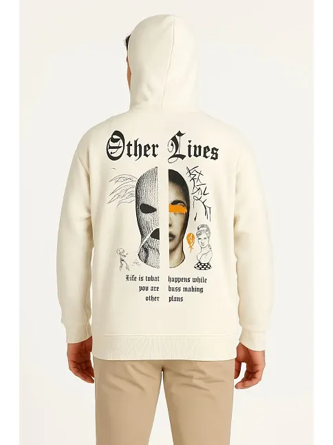 Erkek Kapşonlu Sweatshirt – Oversize Üç İplik Şardonlu Hoodie, “other Lives” Ön & Arka Baskılı, Kanguru Cepli, Kışlık Rahat Günlük Stil - Beyaz