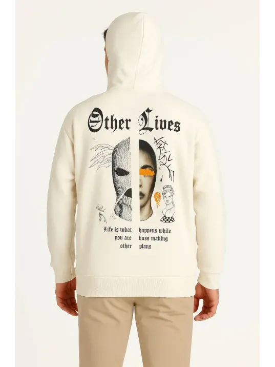 Erkek Kapşonlu Sweatshirt – Oversize Üç İplik Şardonlu Hoodie, “Other Lives” Ön & Arka Baskılı, Kanguru Cepli, Kışlık Rahat Günlük Stil - Beyaz