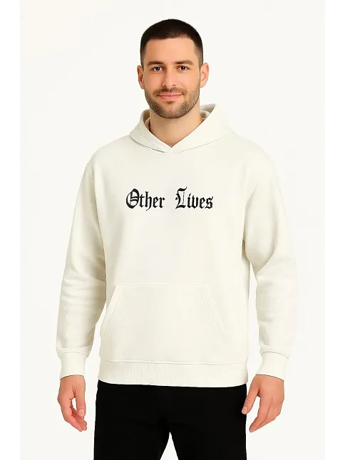Erkek Kapşonlu Sweatshirt – Oversize Üç İplik Şardonlu Hoodie, “other Lives” Ön & Arka Baskılı, Kanguru Cepli, Kışlık Rahat Günlük Stil - Beyaz