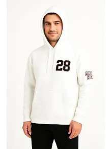 Erkek Kapşonlu Sweatshirt – Üç İplik Şardonlu Kumaş, Oversize Fit, Ön & Arka Baskılı, Kanguru Cepli, Kışlık Rahat Hoodie - Beyaz