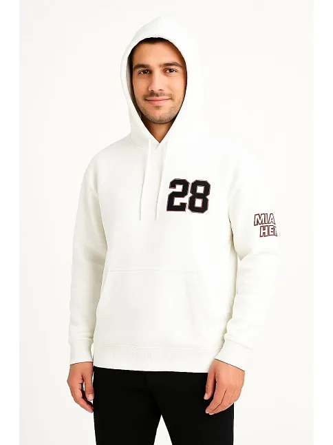 Erkek Kapşonlu Sweatshirt – Üç İplik Şardonlu Kumaş, Oversize Fit, Ön & Arka Baskılı, Kanguru Cepli, Kışlık Rahat Hoodie - Beyaz