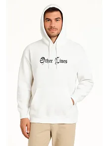 Erkek Kapşonlu Sweatshirt – Oversize Üç İplik Şardonlu Hoodie, “other Lives” Ön & Arka Baskılı, Kanguru Cepli, Kışlık Rahat Günlük Stil - Beyaz