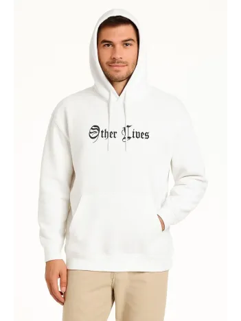 Erkek Kapşonlu Sweatshirt – Oversize Üç İplik Şardonlu Hoodie, “Other Lives” Ön & Arka Baskılı, Kanguru Cepli, Kışlık Rahat Günlük Stil - Beyaz Erkek Kapşonlu Sweatshirt – Oversize Üç İplik Şardonlu Hoodie, “Other Lives” Ön & Arka Baskılı, Kanguru Cepli, Kışlık Rahat Günlük Stil - Beyaz