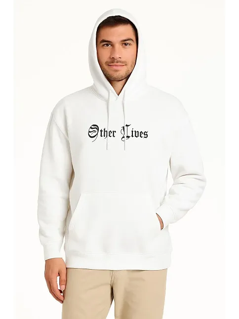 Erkek Kapşonlu Sweatshirt – Oversize Üç İplik Şardonlu Hoodie, “other Lives” Ön & Arka Baskılı, Kanguru Cepli, Kışlık Rahat Günlük Stil - Beyaz