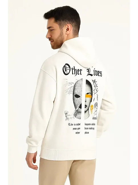 Erkek Kapşonlu Sweatshirt – Oversize Üç İplik Şardonlu Hoodie, “other Lives” Ön & Arka Baskılı, Kanguru Cepli, Kışlık Rahat Günlük Stil - Beyaz