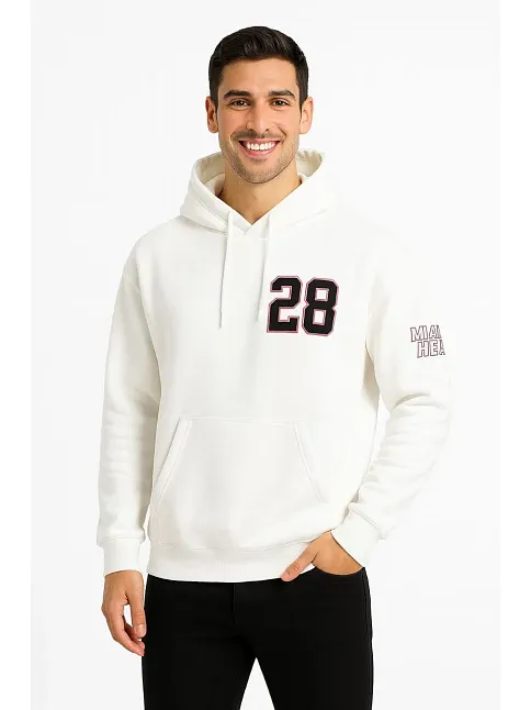Erkek Kapşonlu Sweatshirt – Üç İplik Şardonlu Kumaş, Oversize Fit, Ön & Arka Baskılı, Kanguru Cepli, Kışlık Rahat Hoodie - Beyaz