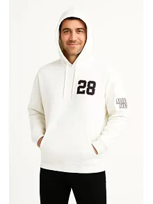 Erkek Kapşonlu Sweatshirt – Üç İplik Şardonlu Kumaş, Oversize Fit, Ön & Arka Baskılı, Kanguru Cepli, Kışlık Rahat Hoodie - Beyaz