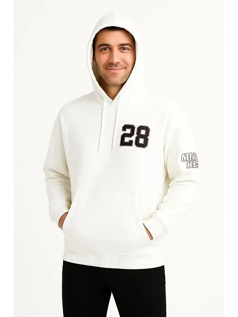 Erkek Kapşonlu Sweatshirt – Üç İplik Şardonlu Kumaş, Oversize Fit, Ön & Arka Baskılı, Kanguru Cepli, Kışlık Rahat Hoodie - Beyaz