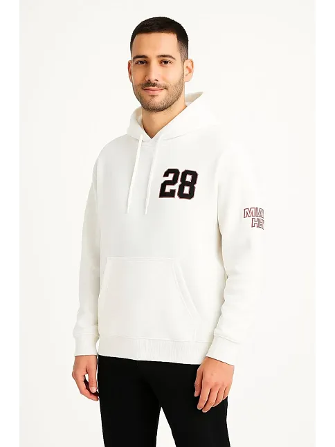 Erkek Kapşonlu Sweatshirt – Üç İplik Şardonlu Kumaş, Oversize Fit, Ön & Arka Baskılı, Kanguru Cepli, Kışlık Rahat Hoodie - Beyaz