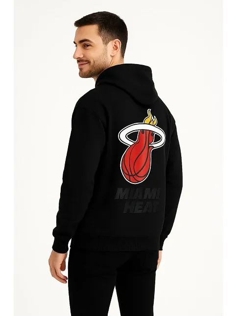 Erkek Kapşonlu Sweatshirt – Üç İplik Şardonlu Kumaş, Oversize Fit, Ön & Arka Baskılı, Kanguru Cepli, Kışlık Rahat Hoodie - Siyah