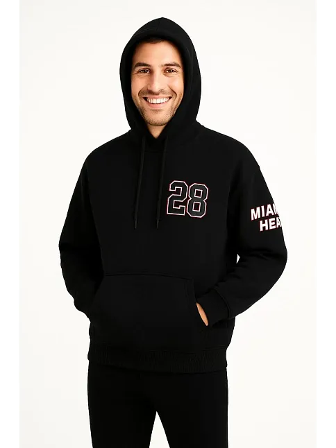 Erkek Kapşonlu Sweatshirt – Üç İplik Şardonlu Kumaş, Oversize Fit, Ön & Arka Baskılı, Kanguru Cepli, Kışlık Rahat Hoodie - Siyah