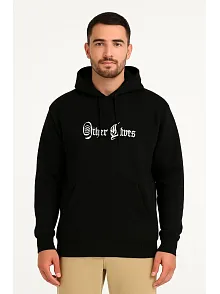 Erkek Kapşonlu Sweatshirt – Oversize Üç İplik Şardonlu Hoodie, “other Lives” Ön & Arka Baskılı, Kanguru Cepli, Kışlık Rahat Günlük Stil - Siyah