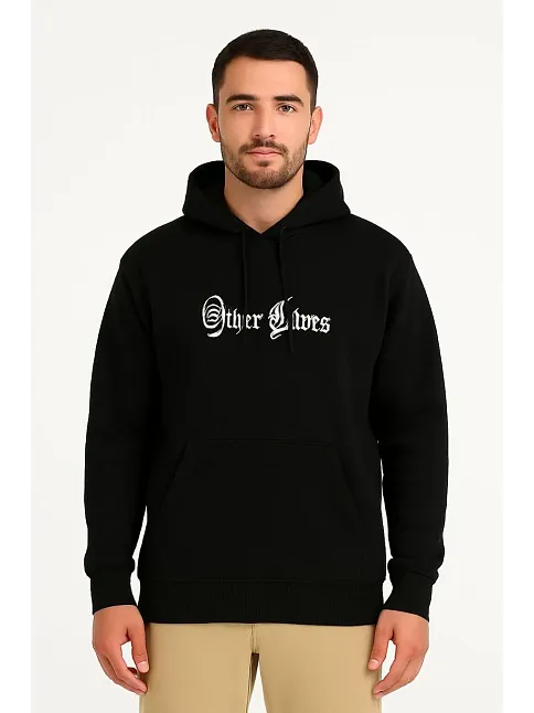 Erkek Kapşonlu Sweatshirt – Oversize Üç İplik Şardonlu Hoodie, “other Lives” Ön & Arka Baskılı, Kanguru Cepli, Kışlık Rahat Günlük Stil - Siyah
