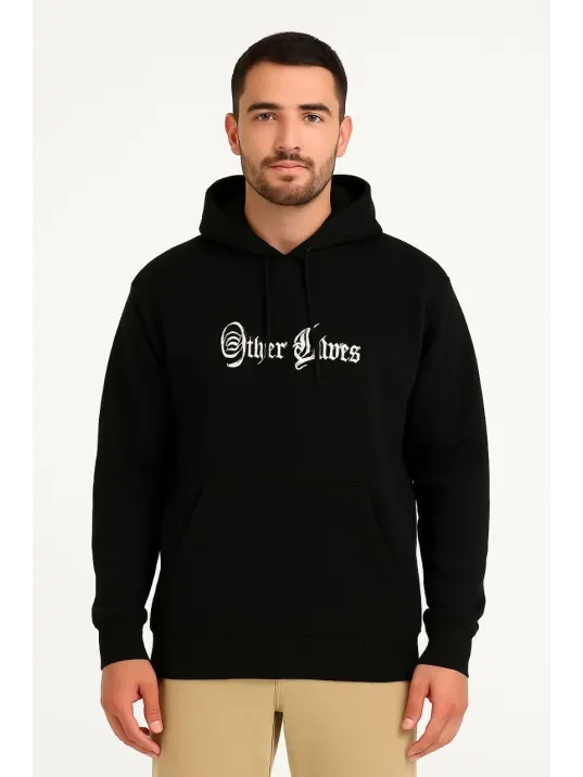 Erkek Kapşonlu Sweatshirt – Oversize Üç İplik Şardonlu Hoodie, “Other Lives” Ön & Arka Baskılı, Kanguru Cepli, Kışlık Rahat Günlük Stil - Siyah Erkek Kapşonlu Sweatshirt – Oversize Üç İplik Şardonlu Hoodie, “Other Lives” Ön & Arka Baskılı, Kanguru Cepli, Kışlık Rahat Günlük Stil - Siyah