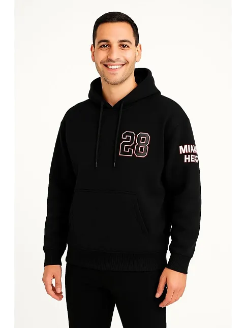 Erkek Kapşonlu Sweatshirt – Üç İplik Şardonlu Kumaş, Oversize Fit, Ön & Arka Baskılı, Kanguru Cepli, Kışlık Rahat Hoodie - Siyah
