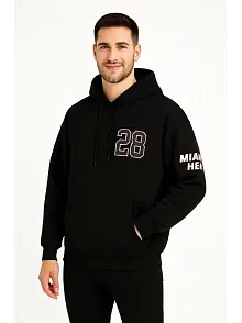 Erkek Kapşonlu Sweatshirt – Üç İplik Şardonlu Kumaş, Oversize Fit, Ön & Arka Baskılı, Kanguru Cepli, Kışlık Rahat Hoodie - Siyah