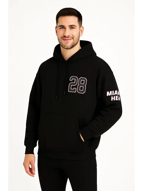 Erkek Kapşonlu Sweatshirt – Üç İplik Şardonlu Kumaş, Oversize Fit, Ön & Arka Baskılı, Kanguru Cepli, Kışlık Rahat Hoodie - Siyah