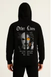 Erkek Kapşonlu Sweatshirt – Oversize Üç İplik Şardonlu Hoodie, “other Lives” Ön & Arka Baskılı, Kanguru Cepli, Kışlık Rahat Günlük Stil - Siyah