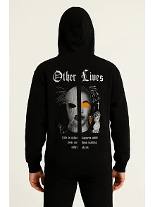 Erkek Kapşonlu Sweatshirt – Oversize Üç İplik Şardonlu Hoodie, “other Lives” Ön & Arka Baskılı, Kanguru Cepli, Kışlık Rahat Günlük Stil - Siyah