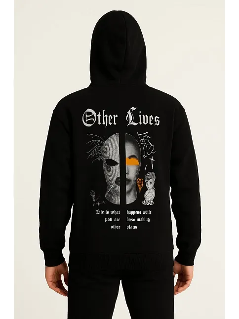 Erkek Kapşonlu Sweatshirt – Oversize Üç İplik Şardonlu Hoodie, “other Lives” Ön & Arka Baskılı, Kanguru Cepli, Kışlık Rahat Günlük Stil - Siyah