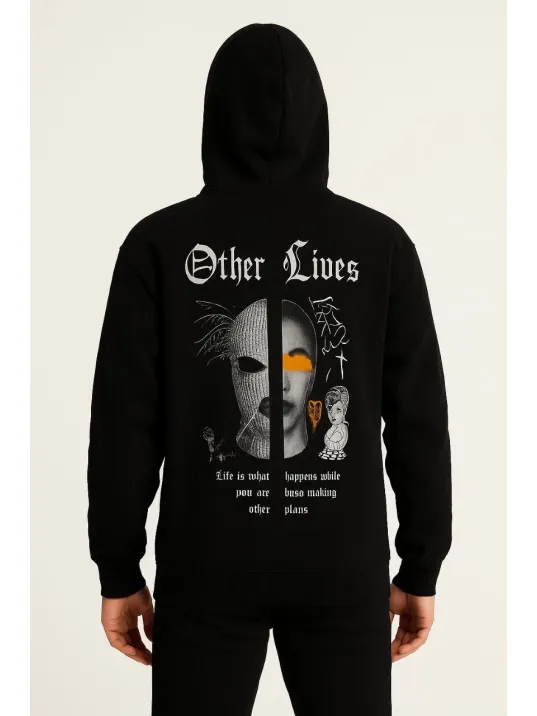 Erkek Kapşonlu Sweatshirt – Oversize Üç İplik Şardonlu Hoodie, “Other Lives” Ön & Arka Baskılı, Kanguru Cepli, Kışlık Rahat Günlük Stil - Siyah Erkek Kapşonlu Sweatshirt – Oversize Üç İplik Şardonlu Hoodie, “Other Lives” Ön & Arka Baskılı, Kanguru Cepli, Kışlık Rahat Günlük Stil - Siyah
