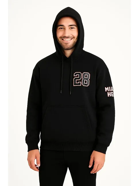 Erkek Kapşonlu Sweatshirt – Üç İplik Şardonlu Kumaş, Oversize Fit, Ön & Arka Baskılı, Kanguru Cepli, Kışlık Rahat Hoodie - Siyah